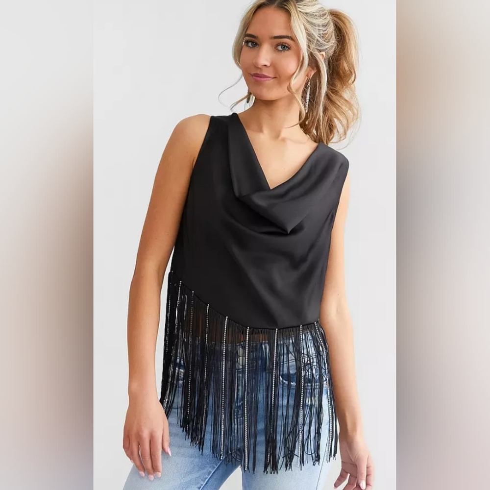 Blue B Rhinestone Fringe Tank Top